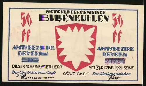 Notgeld Bullenkuhlen 1921, 50 Pfennig, Segelboote auf dem Wasser, Wappen