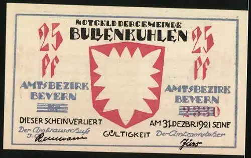 Notgeld Bullenkuhlen 1921, 25 Pfennig, Panorama mit Dampfer, Wappen