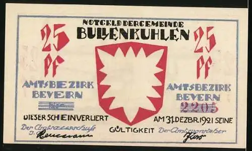 Notgeld Bullenkuhlen 1921, 25 Pfennig, Boote auf dem Wasser, Wappen