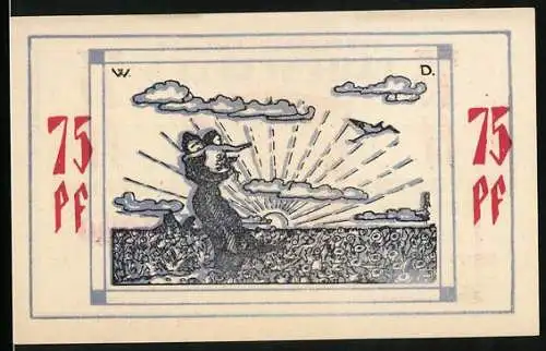 Notgeld Bullenkuhlen 1921, 75 Pfennig, Mutter und Kind auf dem Feld betrachten die aufgehende Sonne, Wappen