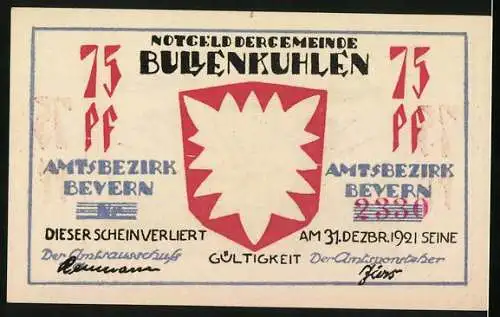 Notgeld Bullenkuhlen 1921, 75 Pfennig, Mutter und Kind auf dem Feld betrachten die aufgehende Sonne, Wappen