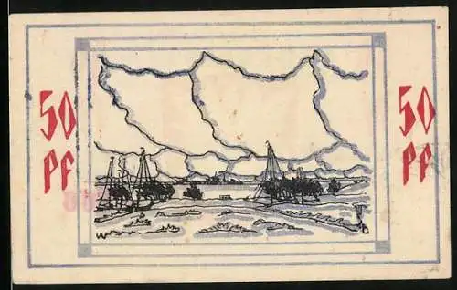 Notgeld Bullenkuhlen 1921, 50 Pfennig, Tiefe Wolken über der Landschaft, Wappen