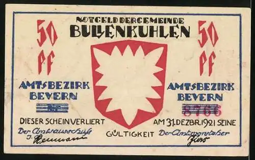 Notgeld Bullenkuhlen 1921, 50 Pfennig, Tiefe Wolken über der Landschaft, Wappen