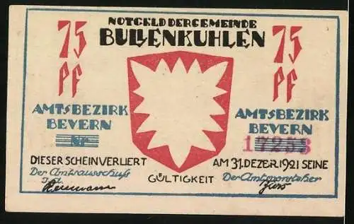 Notgeld Bullenkuhlen 1921, 75 Pfennig, Bauer bei der Feldarbeit, Wappen