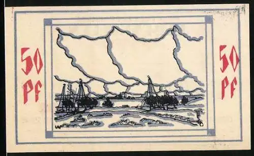 Notgeld Bullenkuhlen 1921, 50 Pfennig, Tiefe Wolken über der Landschaft, Wappen