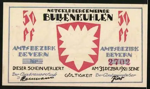 Notgeld Bullenkuhlen 1921, 50 Pfennig, Tiefe Wolken über der Landschaft, Wappen