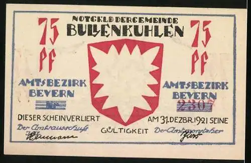 Notgeld Bullenkuhlen 1921, 75 Pfennig, Bauer bei der Feldarbeit, Wappen