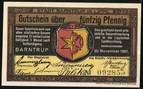 Notgeld Barntrup 1921, 50 Pfennig, Bauern bei der Feldarbeit, Wappen, Gutschein