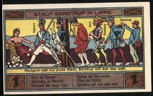 Notgeld Barntrup 1921, 1 Mark, Männer aus Detmold, Lemgo, Horn und Barntrup, Wappen, Gutschein