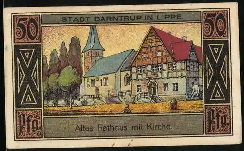 Notgeld Barntrup in Lippe 1921, 50 Pfennig, Altes Rathaus und Kirche, Wappen, Gutschein