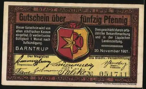 Notgeld Barntrup in Lippe 1921, 50 Pfennig, Altes Rathaus und Kirche, Wappen, Gutschein