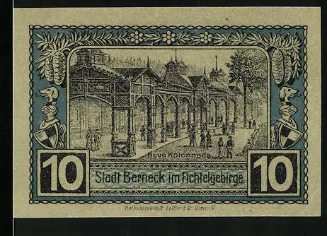 Notgeld Berneck i. Fichtelgeb. 1921, 10 Pfenig, Neue Kolonnade, Ortsansicht aus der Vogelschau, Gutschein