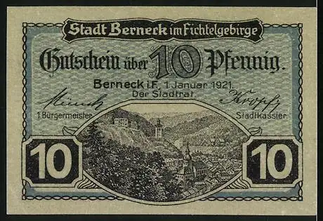 Notgeld Berneck i. Fichtelgeb. 1921, 10 Pfenig, Neue Kolonnade, Ortsansicht aus der Vogelschau, Gutschein