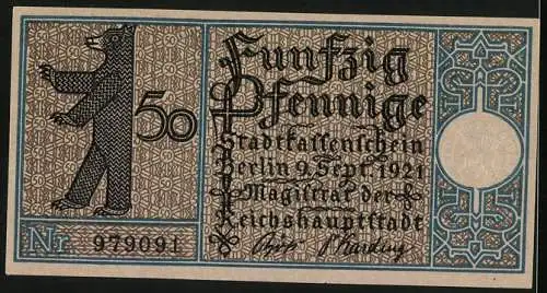 Notgeld Berlin 1921, 50 Pfennig, Dampfschiff der Linie Zelten-Charlottenburg um 1816, Berliner Bär