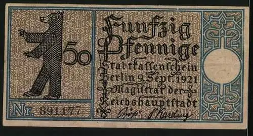 Notgeld Berlin 1921, 50 Pfennig, Gasthaus in Treptow um 1820, Berliner Bär