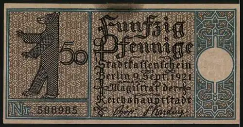 Notgeld Berlin 1921, 50 Pfennig, Berliner Strasse in Charlottenburg um 1820, Berliner Bär