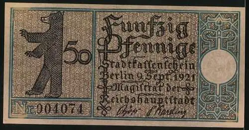 Notgeld Berlin 1921, 50 Pfennig, Dampfschiff auf der Linie Zelten-Charlottenburg um 1816, Berliner Bär
