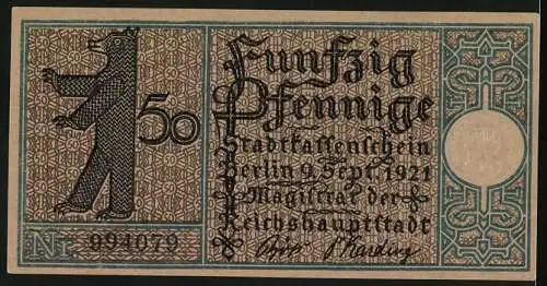 Notgeld Berlin 1921, 50 Pfennig, Jagdschloss Grunewald aus dem 16. Jahrhundert, Berliner Bär
