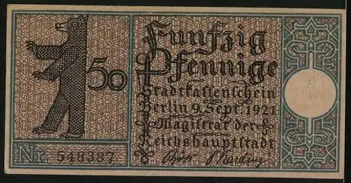 Notgeld Berlin 1921, 50 Pfennig, Berliner Strasse in Charlottenburg um 1820, Berliner Bär