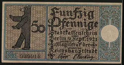 Notgeld Berlin 1921, 50 Pfennig, Gasthaus in Treptow um 1820, Berliner Bär