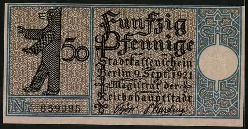 Notgeld Berlin 1921, 50 Pfennig, Dampfschiff auf der Linie Zelten-Charlottenburg um 1830, Berliner Bär