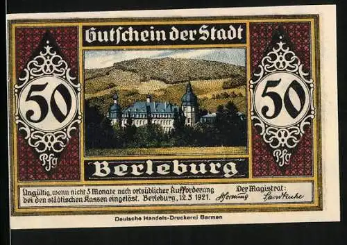 Notgeld Berleburg 1921, 50 Pfennig, Schloss und Schlosssoldat zu Berleburg, Gutschein