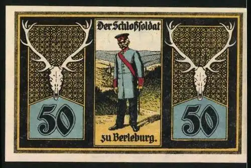 Notgeld Berleburg 1921, 50 Pfennig, Schloss und Schlosssoldat zu Berleburg, Gutschein