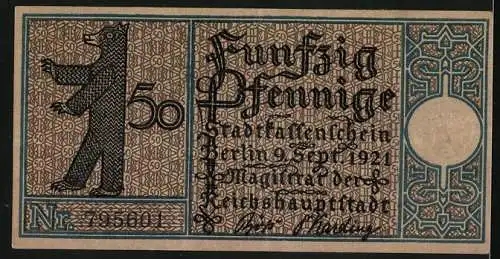 Notgeld Berlin 1921, 50 Pfennig, Kirche in Dahlem aus dem 14. Jahrhundert, Berliner Bär