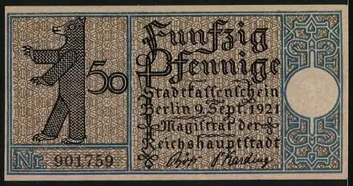 Notgeld Berlin 1921, 50 Pfennig, Kirche von Steglitz aus dem 13. Jahrhundert, Berliner Bär