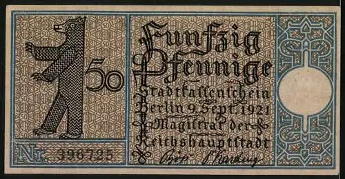 Notgeld Berlin 1921, 50 Pfennig, Gastwirt Langenshoff in Templo um 1780, Berliner Bär