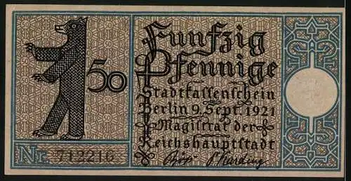 Notgeld Berlin 1921, 50 Pfennig, Gasthaus in Treptow um 1820, Berliner Bär