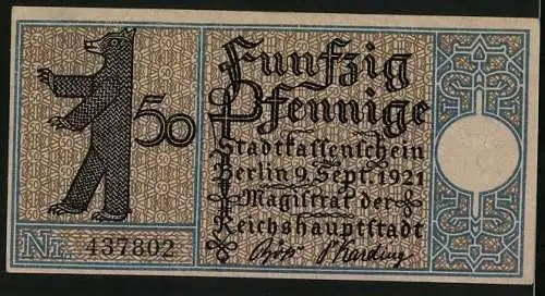 Notgeld Berlin 1921, 50 Pfennig, Dampfschiff auf der Linie Zelten-Charlottenburg um 1830, Berliner Bär