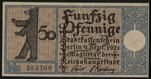 Notgeld Berlin 1921, 50 Pfennig, Mühlenberg vor dem Prenzlauer Tor im Jahre 1822, Berliner Bär