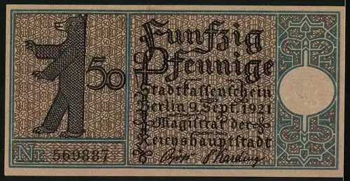 Notgeld Berlin 1921, 50 Pfennig, Hallesches Tor im Jahre 1845, Berliner Bär