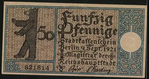Notgeld Berlin 1921, 50 Pfennig, Berliner Strasse in Charlottenburg um 1820, Berliner Bär