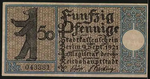 Notgeld Berlin 1921, 50 Pfennig, Jagdschloss Grunewald aus dem 16. Jahrhundert, Berliner Bär