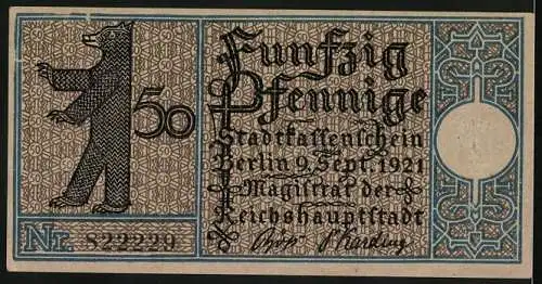 Notgeld Berlin 1921, 50 Pfennig, Mühle in Tegel um 1800, Berliner Bär