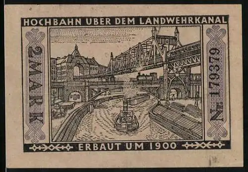Notgeld Berlin 1922, 2 Mark, Hochbahn über dem Landwehrkanal, Wappen