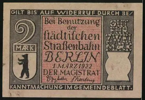 Notgeld Berlin 1922, 2 Mark, Hochbahn über dem Landwehrkanal, Wappen