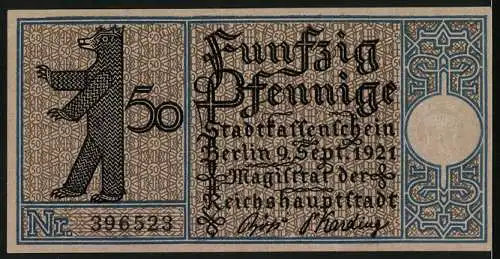 Notgeld Berlin 1921, 50 Pfennig, Mühlenberg vor dem Prenzlauer Tor im Jahre 1822, Berliner Bär