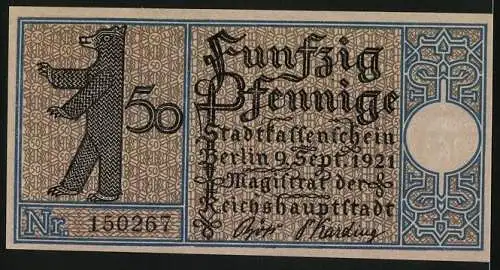 Notgeld Berlin 1921, 50 Pfennig, Gesundbrunnen im Jahre 1760, Berliner Bär