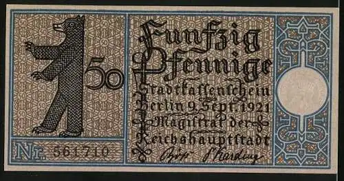 Notgeld Berlin 1921, 50 Pfennig, Dampfschiff auf der Linie Zelten-Charlottenburg, Berliner Bär