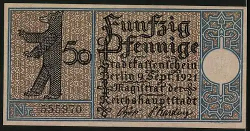 Notgeld Berlin 1921, 50 Pfennig, Berliner Rathaus im Jahre 1819, Berliner Bär