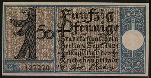 Notgeld Berlin 1921, 50 Pfennig, Mühle in Tegel um 1800, Berliner Bär