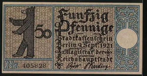 Notgeld Berlin 1921, 50 Pfennig, Lichtenberg um 1790, Berliner Bär