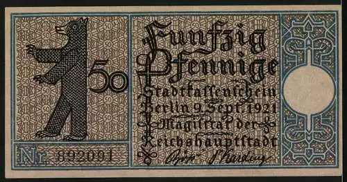 Notgeld Berlin 1921, 50 Pfennig, Frühere Kirche von Steglitz aus dem 13. Jahrhundert, Berliner Bär