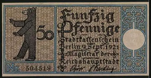 Notgeld Berlin 1921, 50 Pfennig, Gasthaus in Treptow um 1820, Berliner Bär