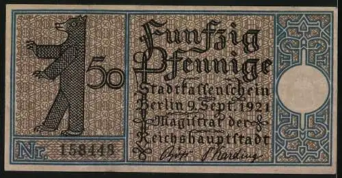 Notgeld Berlin 1921, 50 Pfennig, Dorf Rixdorf um 1820, Berliner Bär