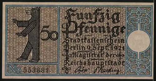 Notgeld Berlin 1921, 50 Pfennig, Dorf Schöneberg um 1820, Berliner Bär