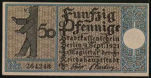 Notgeld Berlin 1921, 50 Pfennig, Kirche von Dahlem aus dem 14. Jahrhundert, Berliner Bär